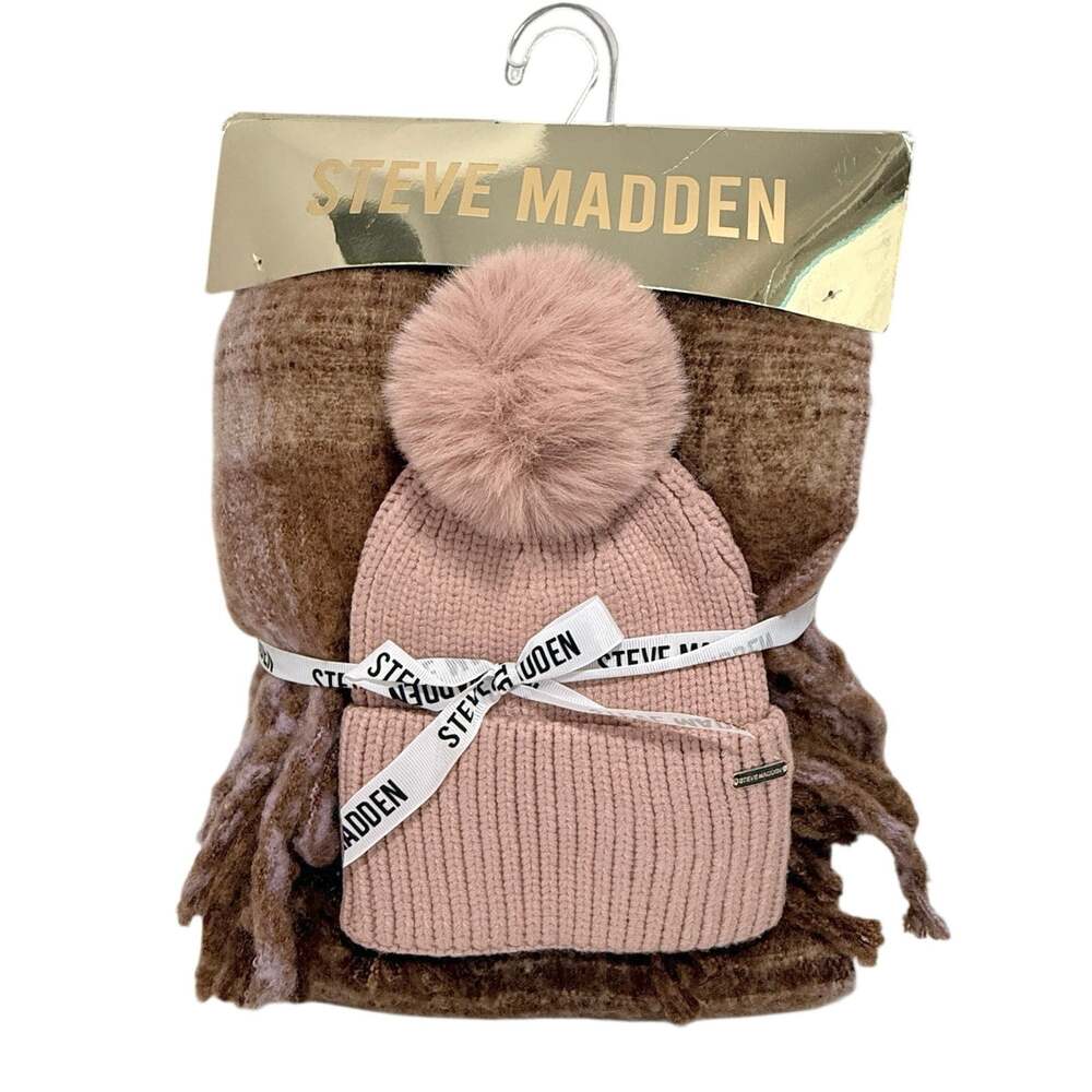Steve Madden Women's Winter Pom Ribbed Beanie & Plaid Scarf Gift Set NEW